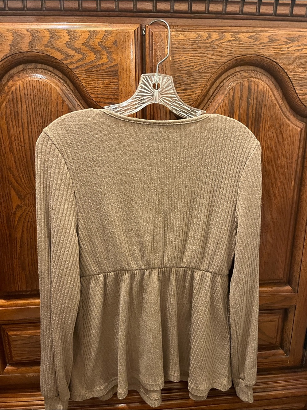 SHEIN Ribbed Knit Long Sleeve Top - Beige